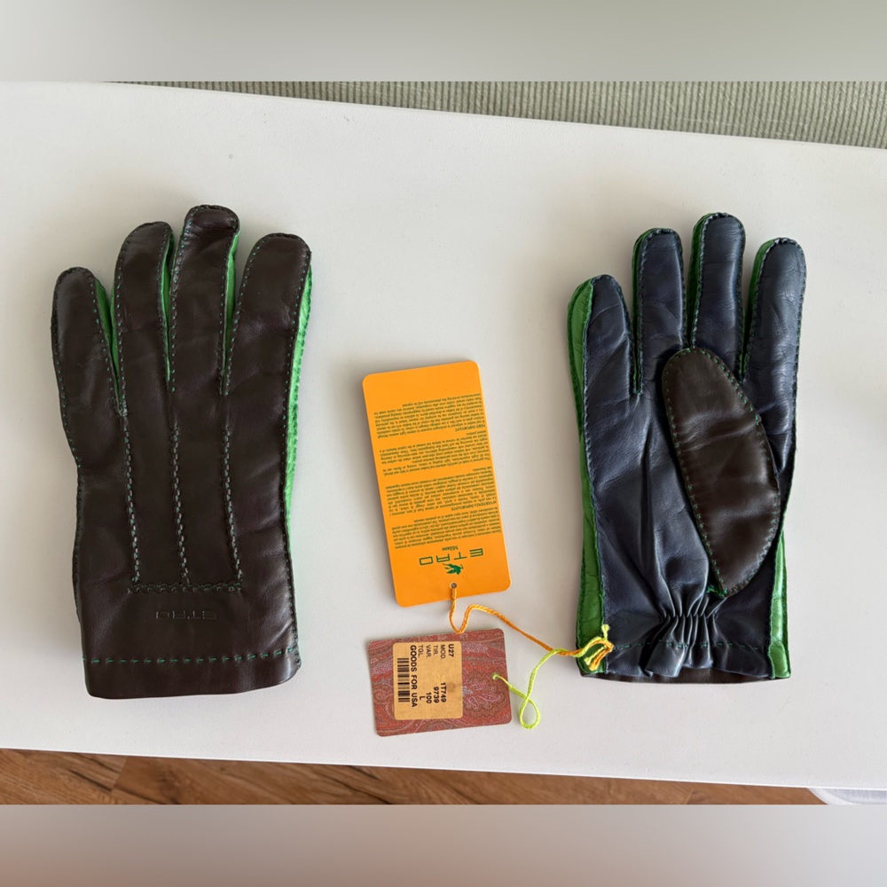 Etro Milan Black and Green Leather Gloves